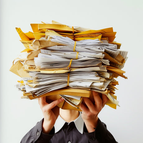 Aktenberg in den Händen vor Gesicht gehalten